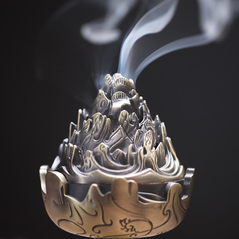 Mountain-Shaped Brass-Look Incense Burner with Lid