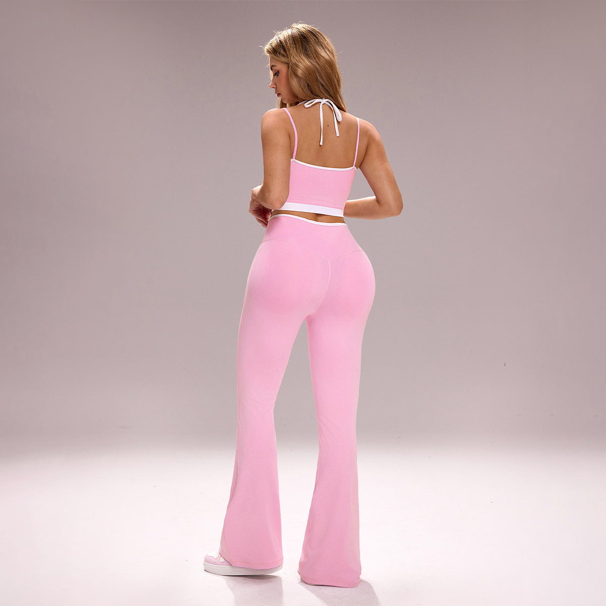 Pink Crop Top and Flared Leggings Set with Crossover Waist