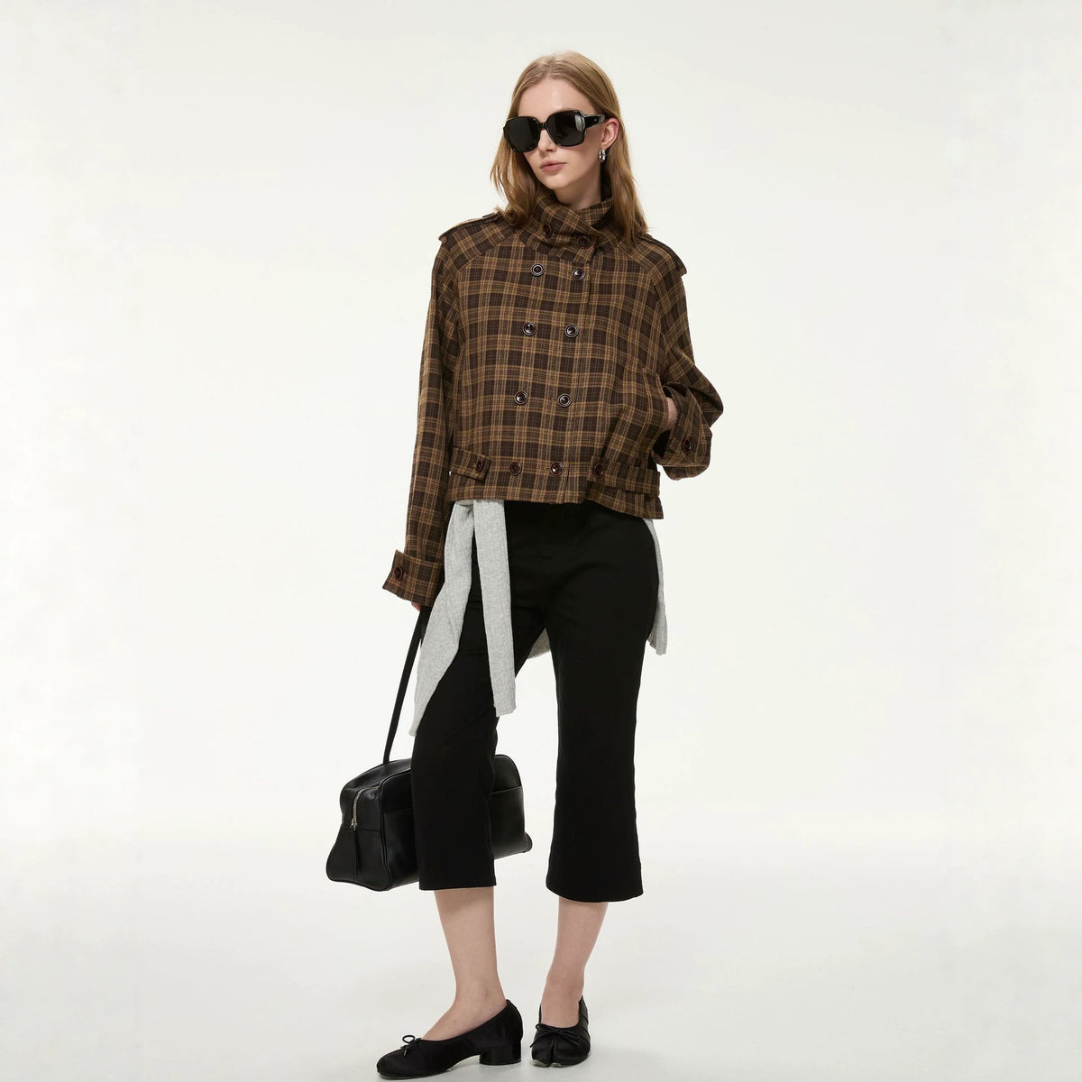 Cropped Check Jacket with Stand Collar and Double Buttons