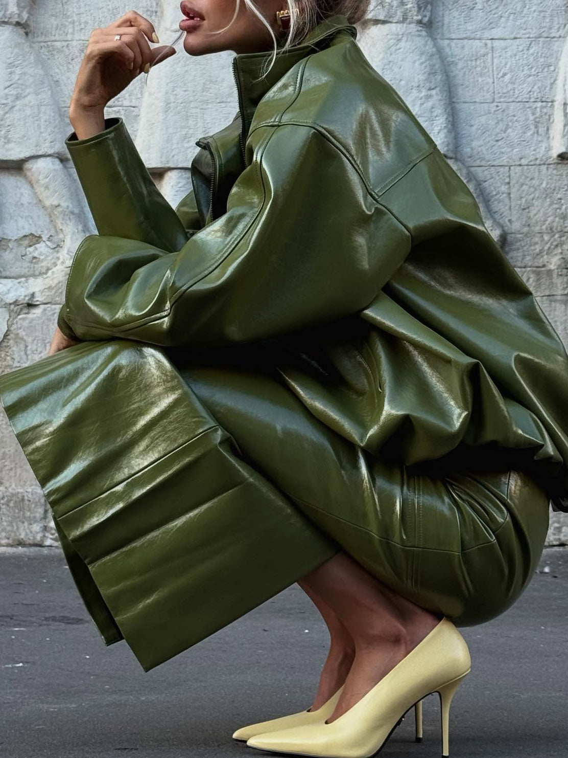 Faux-Leather Jacket and Midi Skirt Set