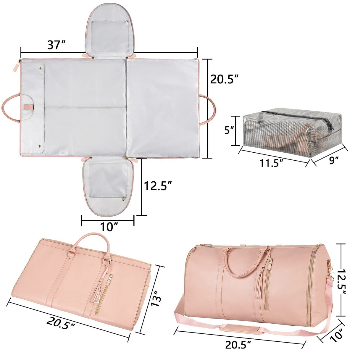 Size chart for foldable garment duffle bag showing dimensions in inches when folded and opened flat