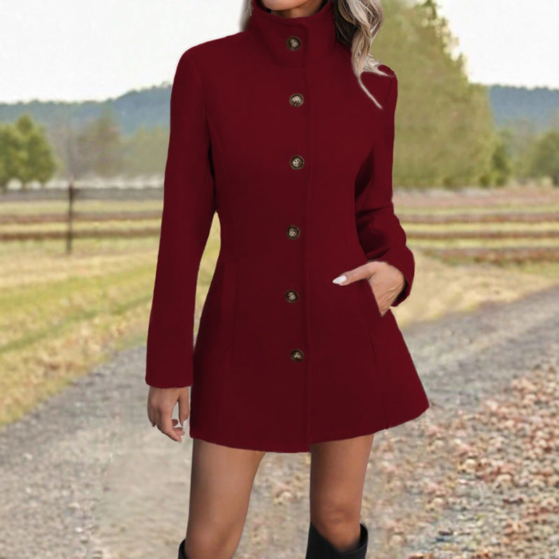Fitted Stand-Collar Coat with Button Front in wine red
