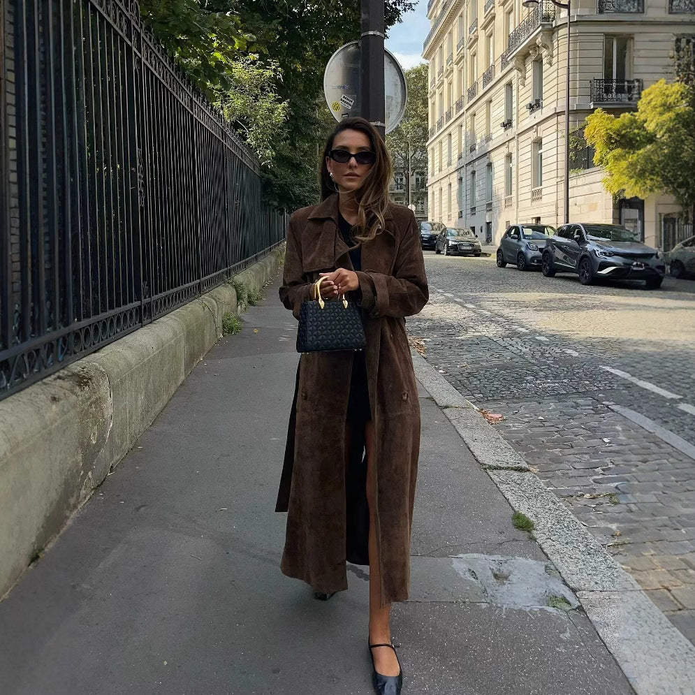 Belted Suede-Look Trench Coat