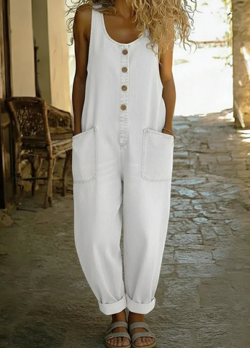 Wide-Leg Overall Jumpsuit in Denim-Look Print