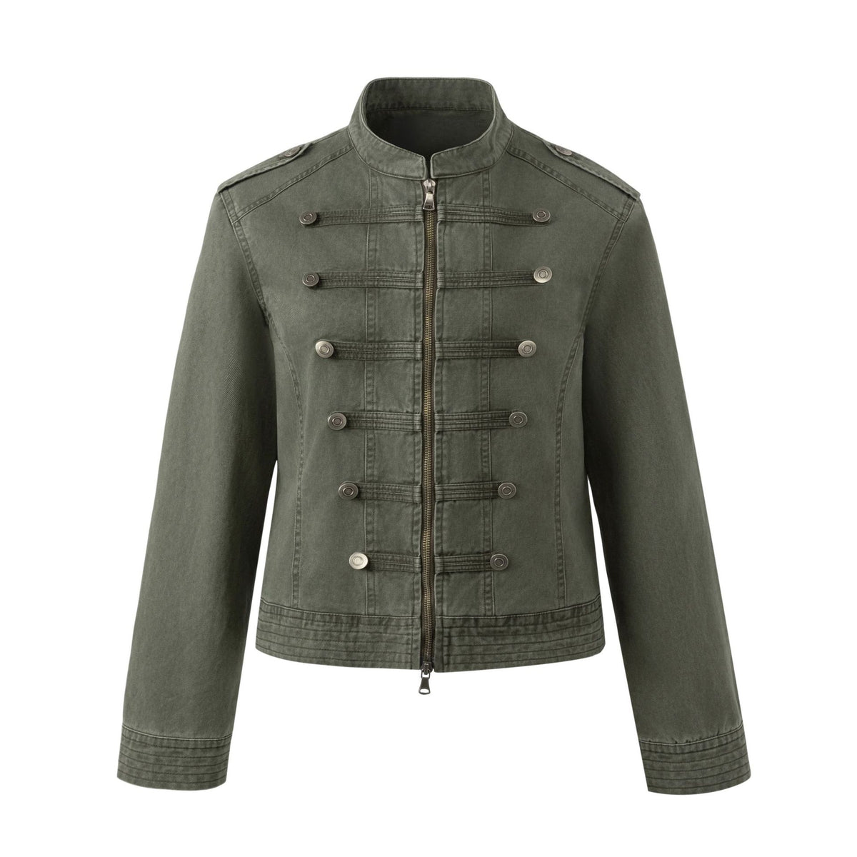 Flat lay army green cropped military-style twill jacket, full front view