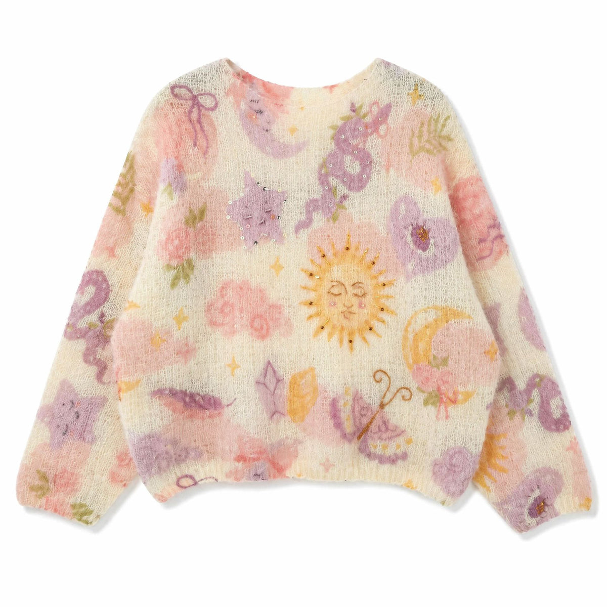 Tulip and Floral Print Fuzzy Knit Jumper, Wide Neck — view 4
