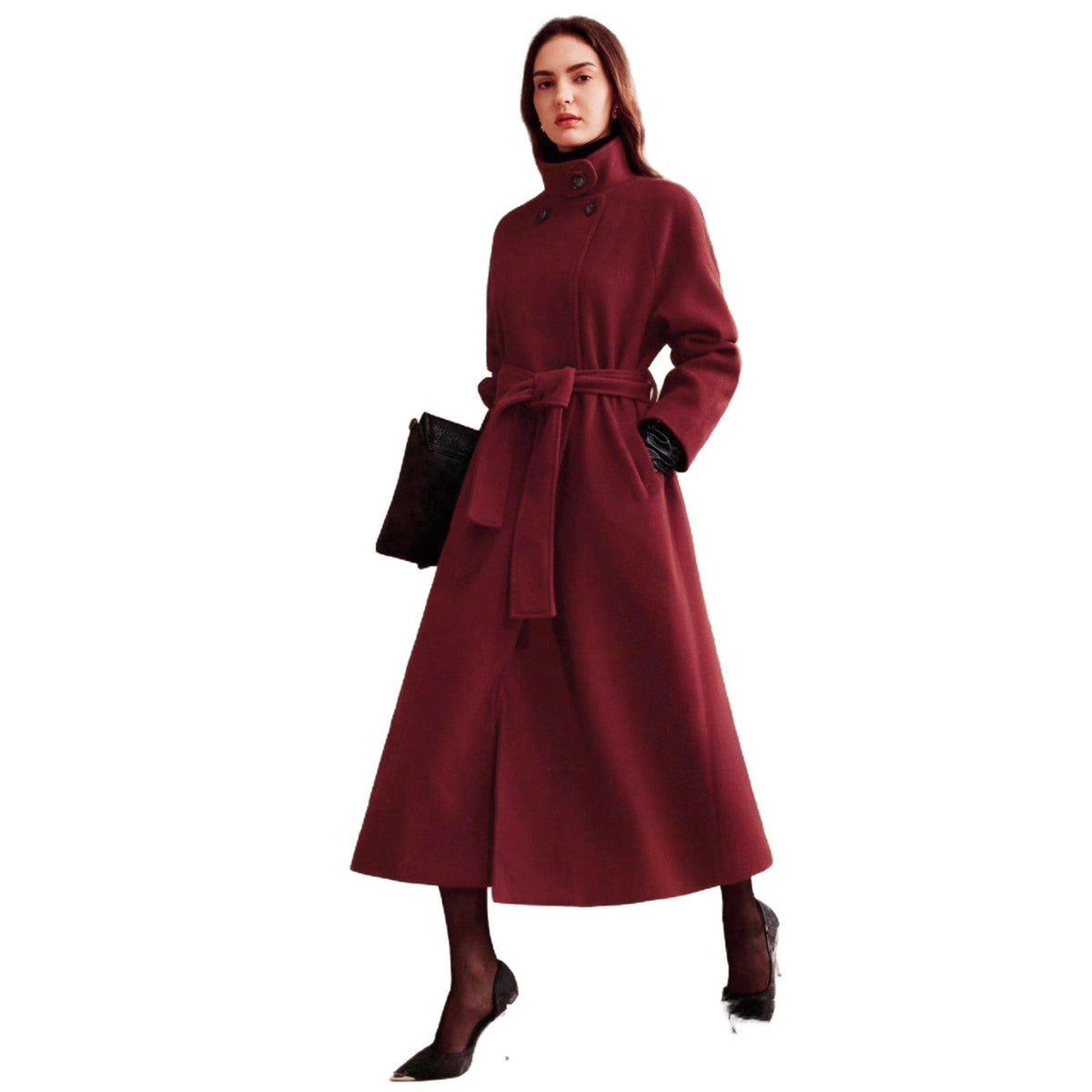 Long double-breasted wrap coat in wine red, high collar, tied belt, model standing, white background