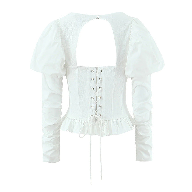 Square-Neck Corset Top with Puff Sleeves