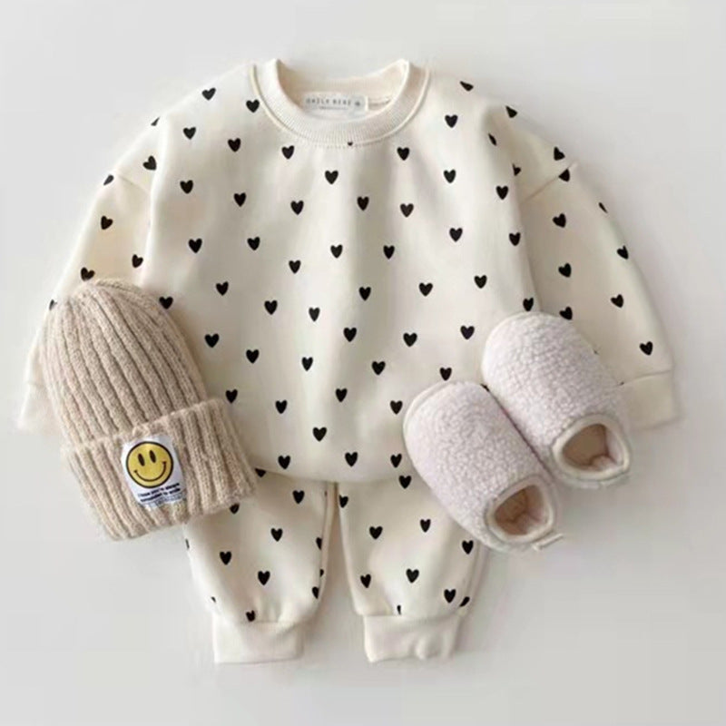Cream set with black hearts and ribbed cuffs