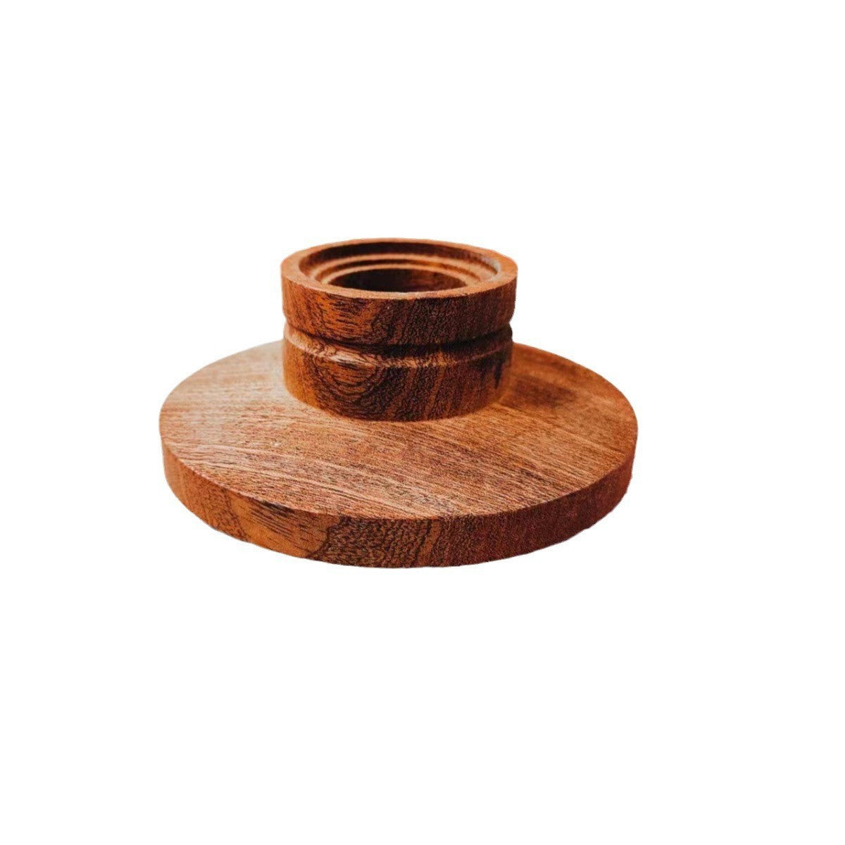 Stepped round dark wood cocktail smoker top with wide base disc and narrower upper ring, no lid