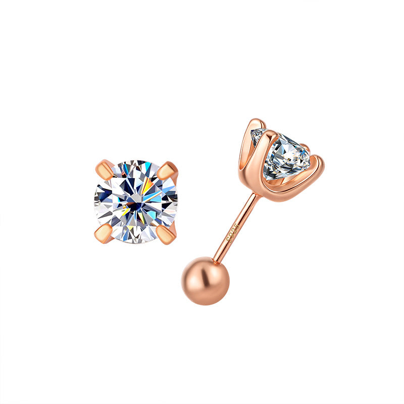Clear moissanite stud in rose-gold-toned setting, front and side view with screw-back