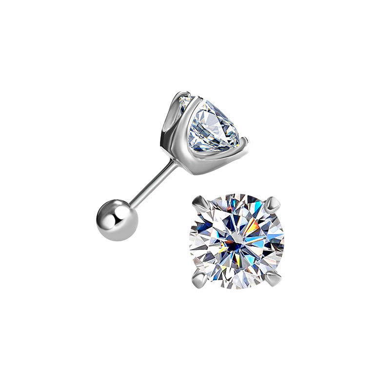 Clear moissanite stud in silver-toned setting, front and side view with screw-back