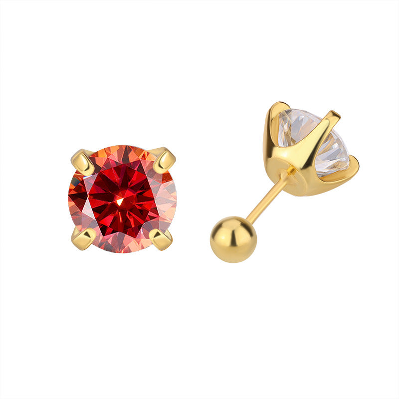 Red moissanite stud in gold-toned setting, front and side view with screw-back