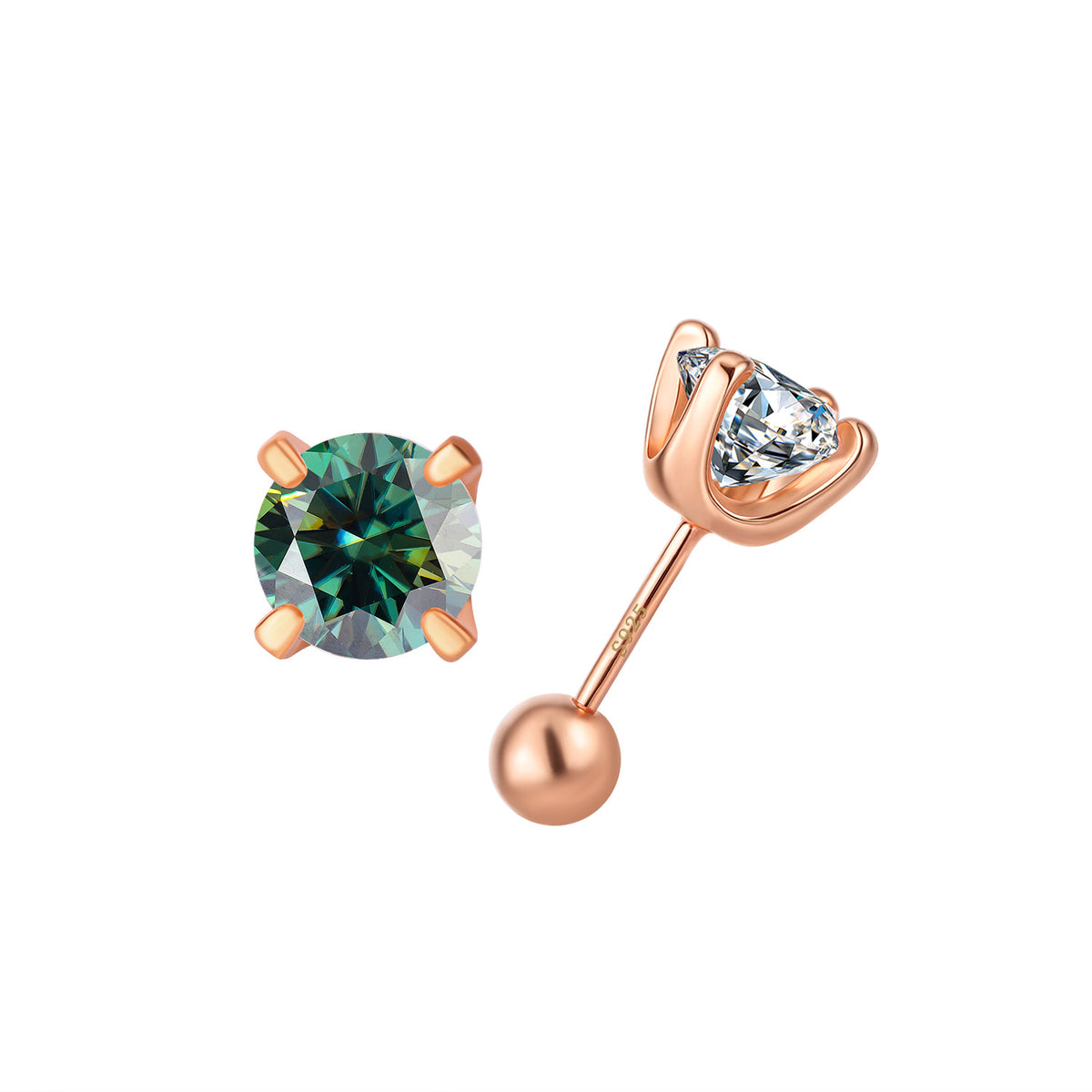 Green moissanite stud in rose-gold-toned setting, front and side view with screw-back