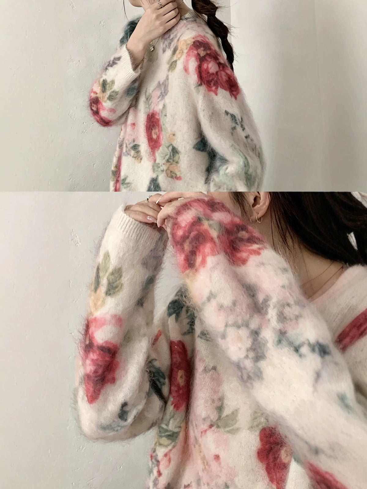 Close-up van de print inkt bergbloemen, rode rozen op een crèmekleurige basis, gedragen door een model