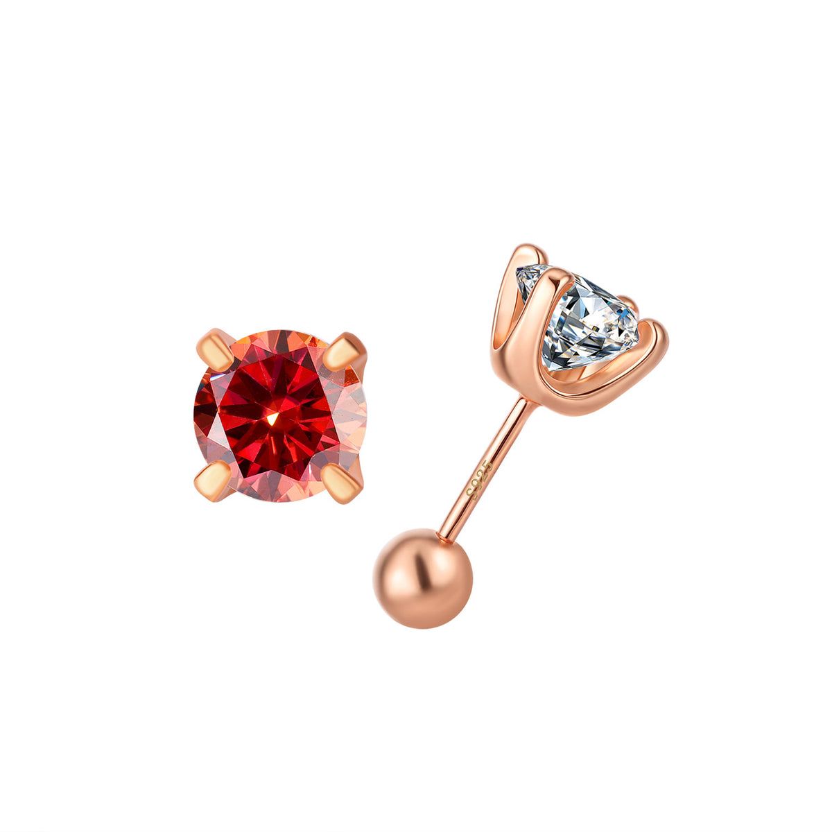 Red moissanite stud in rose-gold-toned setting, front and side view with screw-back