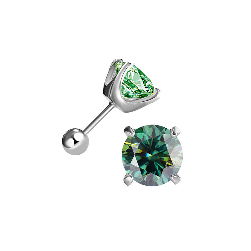 Green moissanite stud in silver-toned setting, front and side view with screw-back
