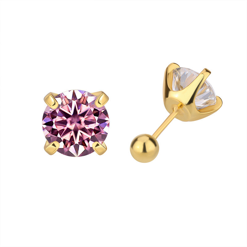 Pink moissanite stud in gold-toned setting, front and side view with screw-back