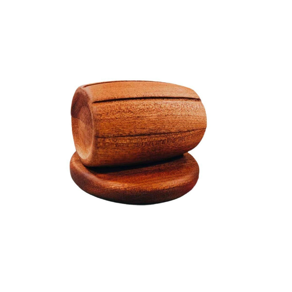 Dark reddish-brown wooden cocktail smoker top with barrel-shaped lid, stacked on its base disc