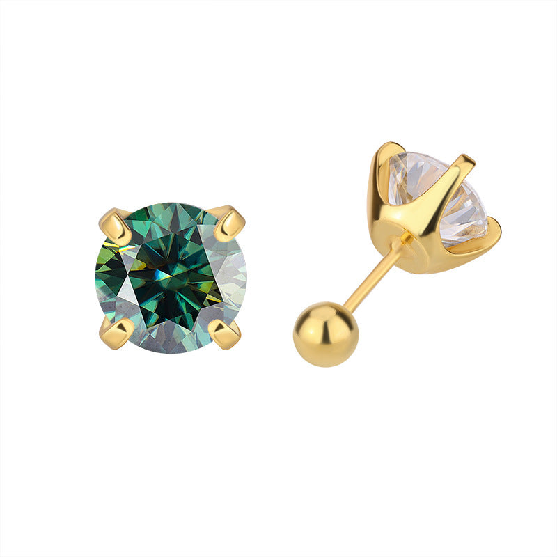 Green moissanite stud in gold-toned setting, front and side view with screw-back