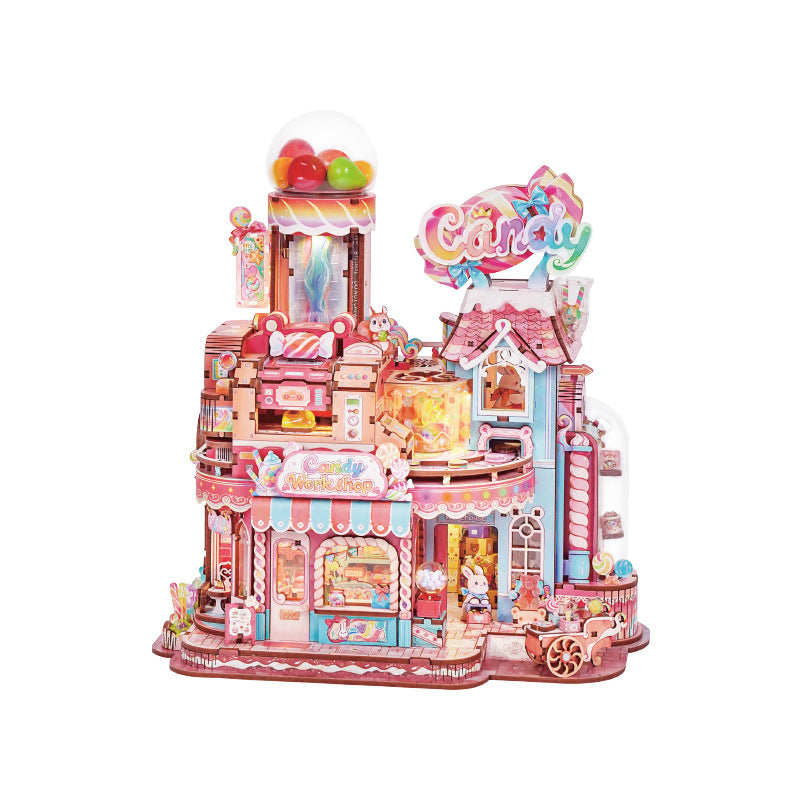 Moving wooden candy workshop model kit, full front view against a plain white background