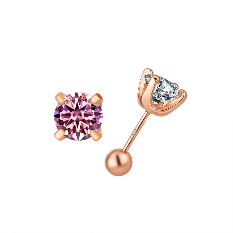 Pink moissanite stud in rose-gold-toned setting, front and side view with screw-back