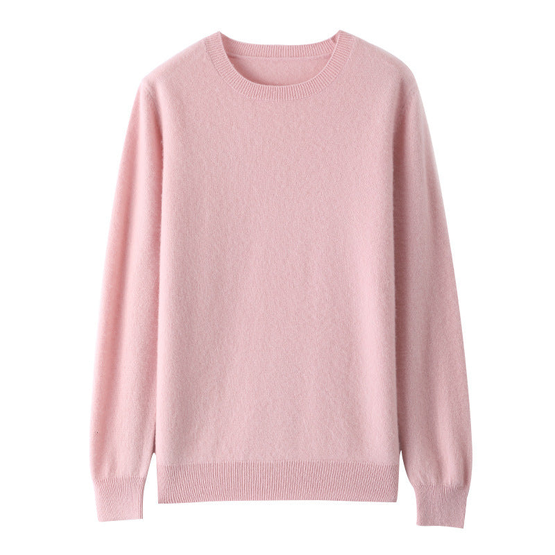 Flat lay of a pale pink mercerised wool crew-neck sweater with long sleeves and ribbed cuffs