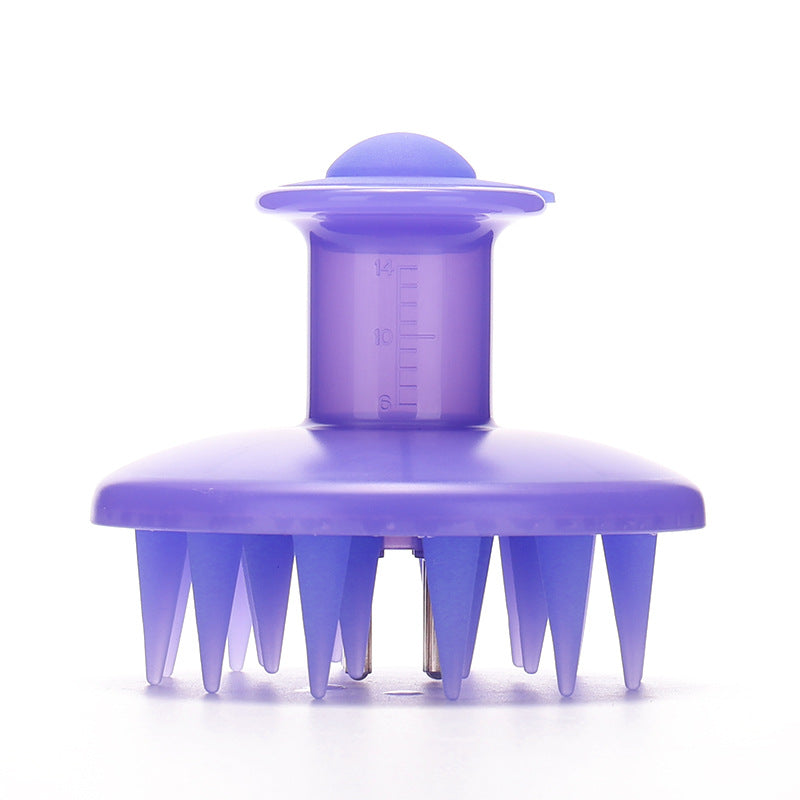 Side view of the lavender scalp brush with clear reservoir scale and pointed teeth