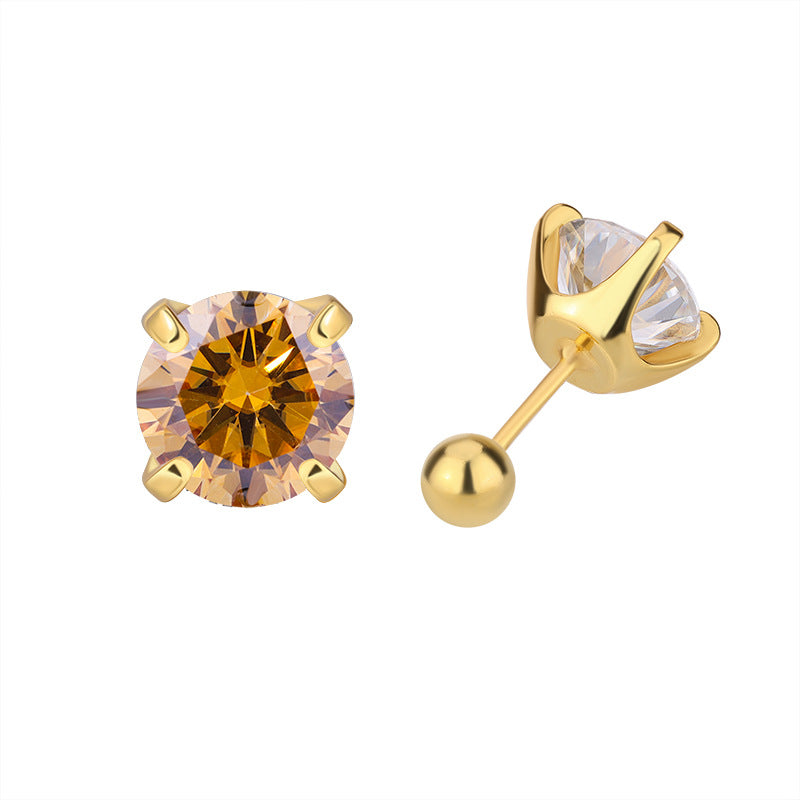 Champagne moissanite stud in gold-toned setting, front and side view with screw-back