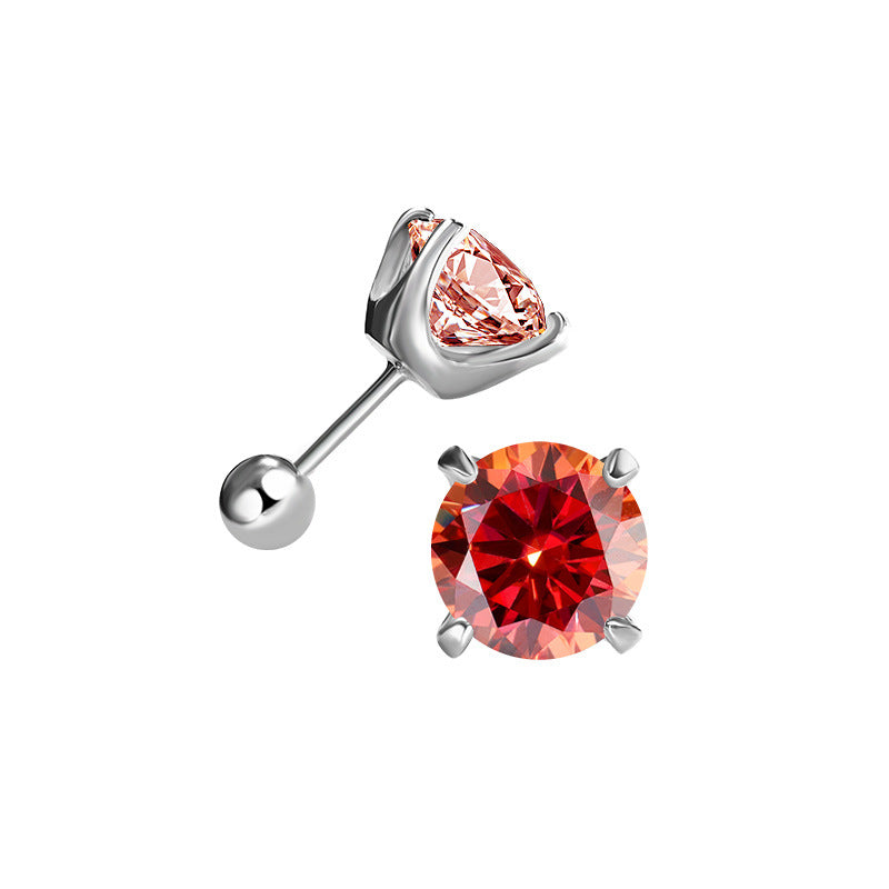 Red moissanite stud in silver-toned setting, front and side view with screw-back