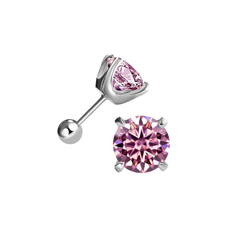 Pink moissanite stud in silver-toned setting, front and side view with screw-back
