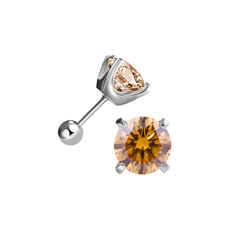 Champagne moissanite stud in silver-toned setting, front and side view with screw-back