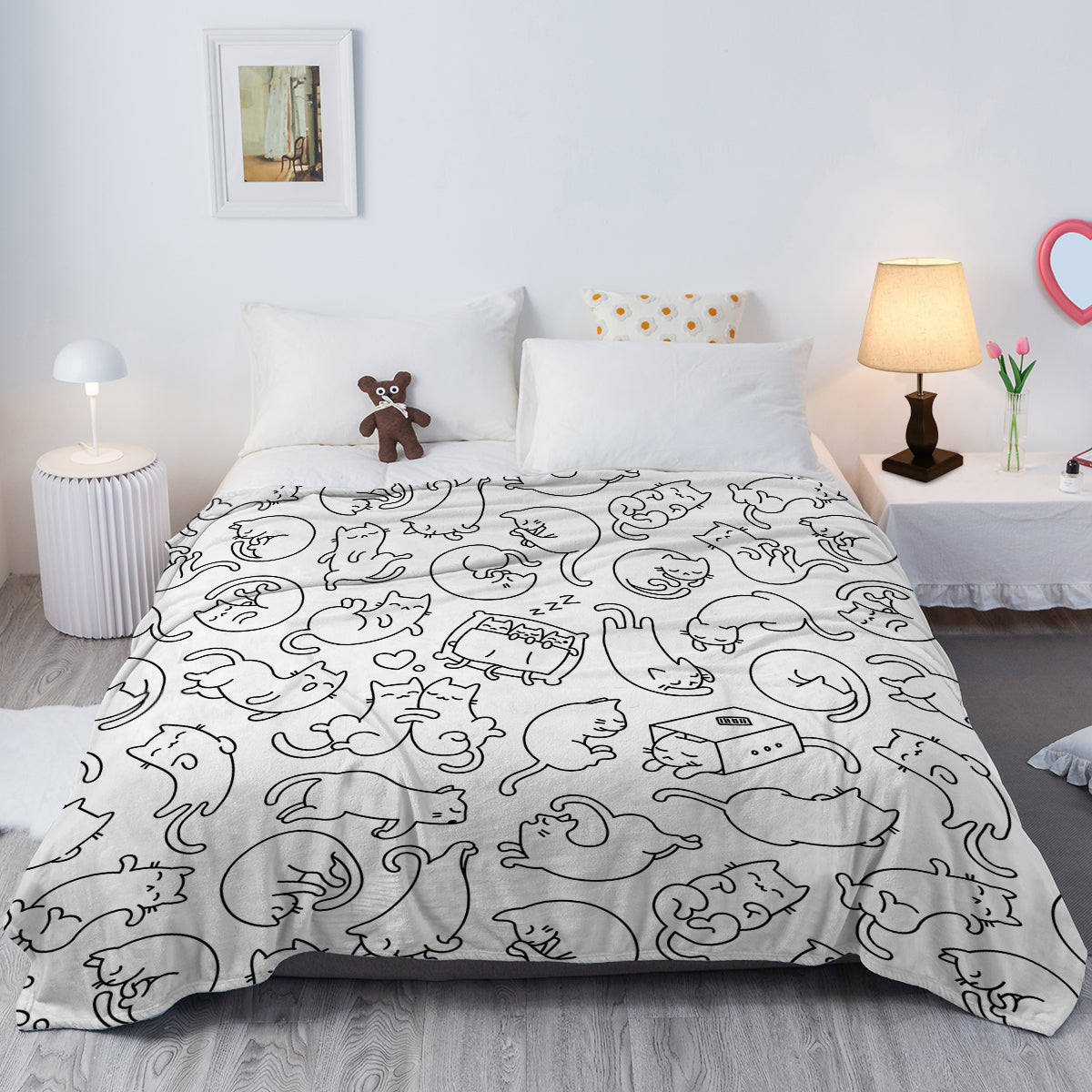 Cat Doodle Flannel Throw Blanket