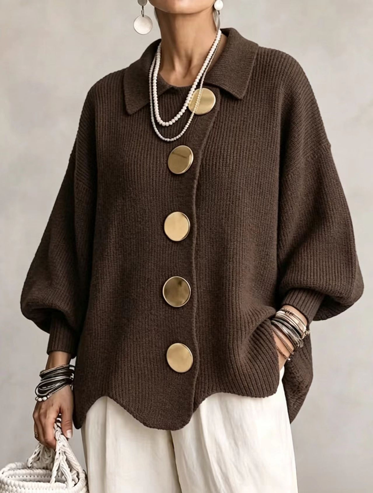 Collared Knit Cardigan with Oversized Buttons