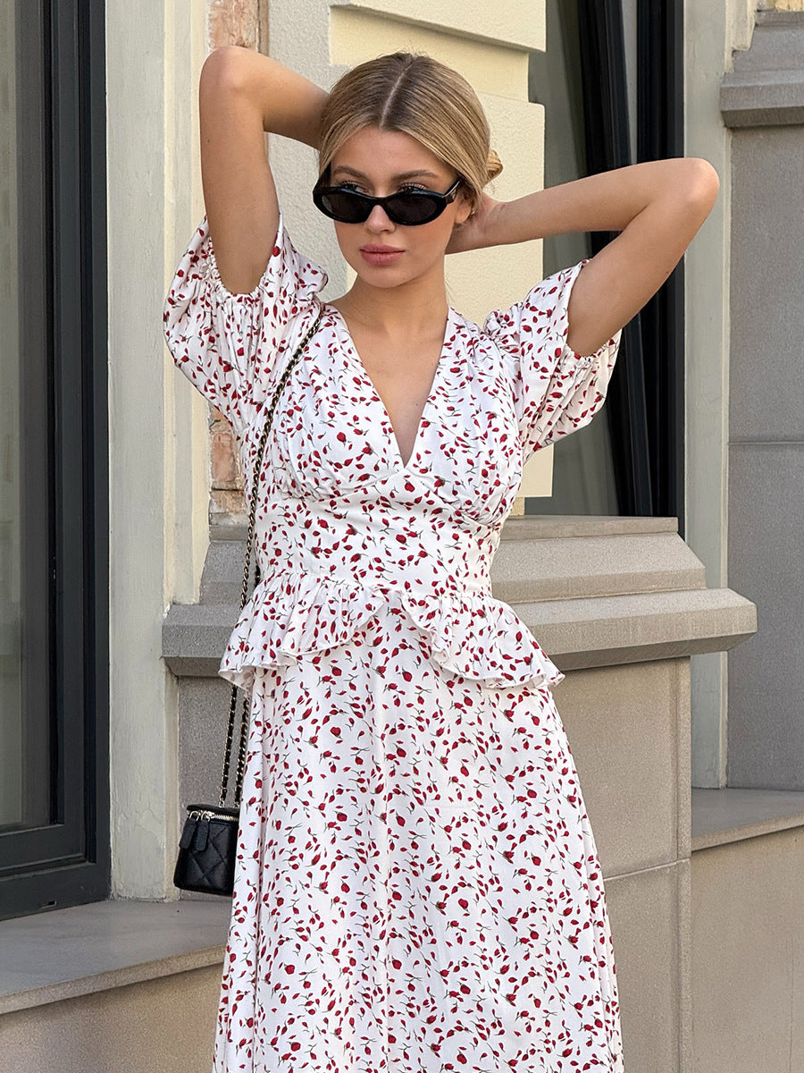 Floral Puff-Sleeve Wrap Dress with Ruffle Waist — view 3