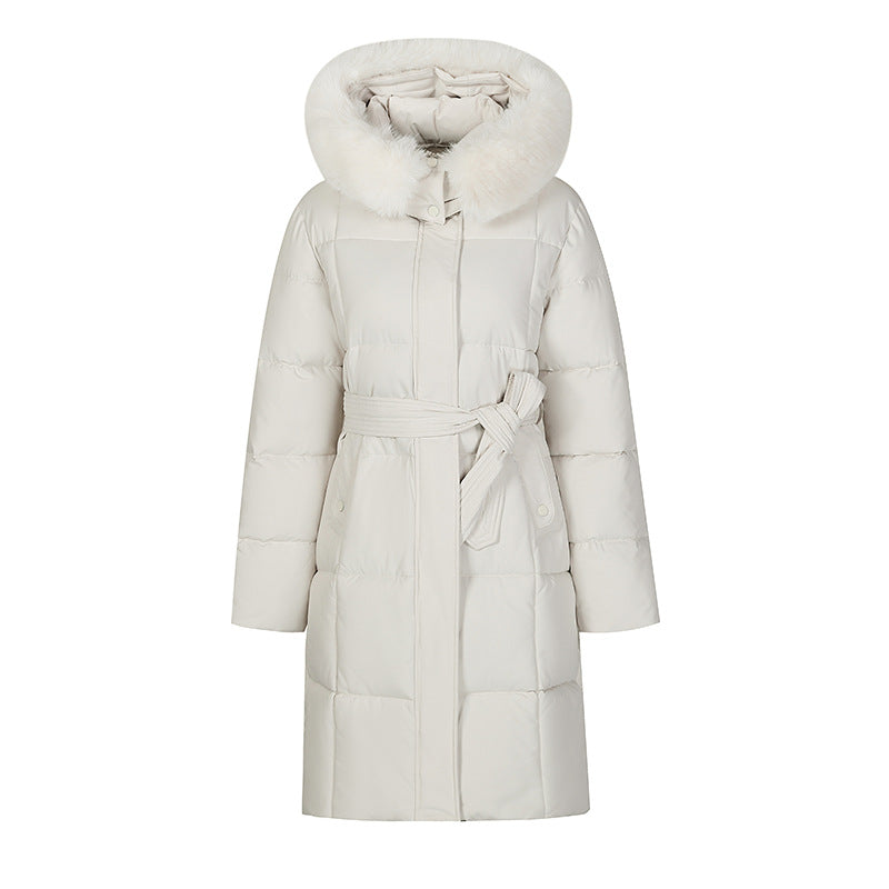 Mid-Length Padded Coat with Faux-Fur Hood and Tie Belt