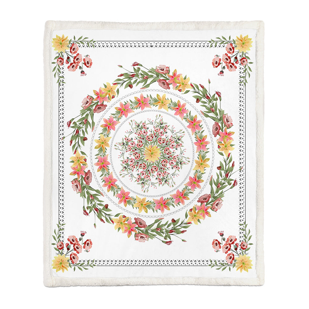 Floral Medallion Flannel Blanket with Sherpa Back