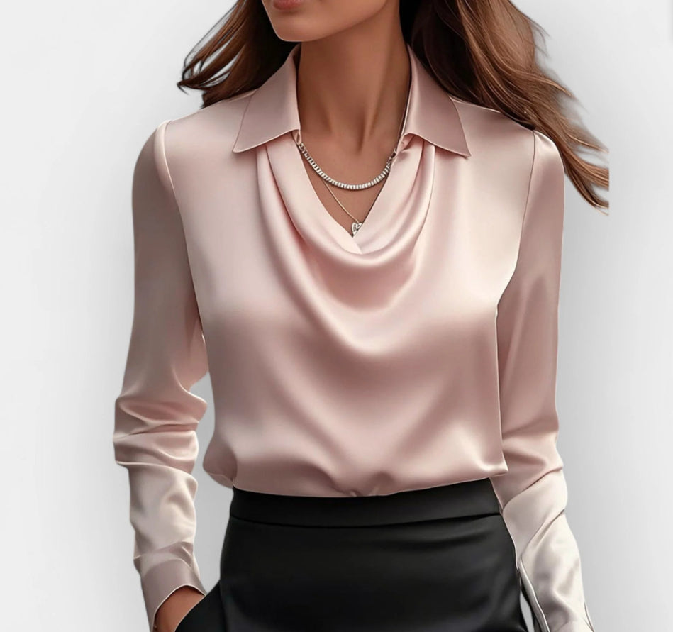 Cowl-Neck Collared Satin-Look Blouse in pink