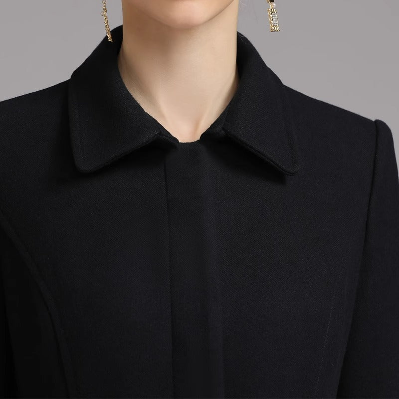 Belted collared midi coat, black, close-up of shirt collar detail