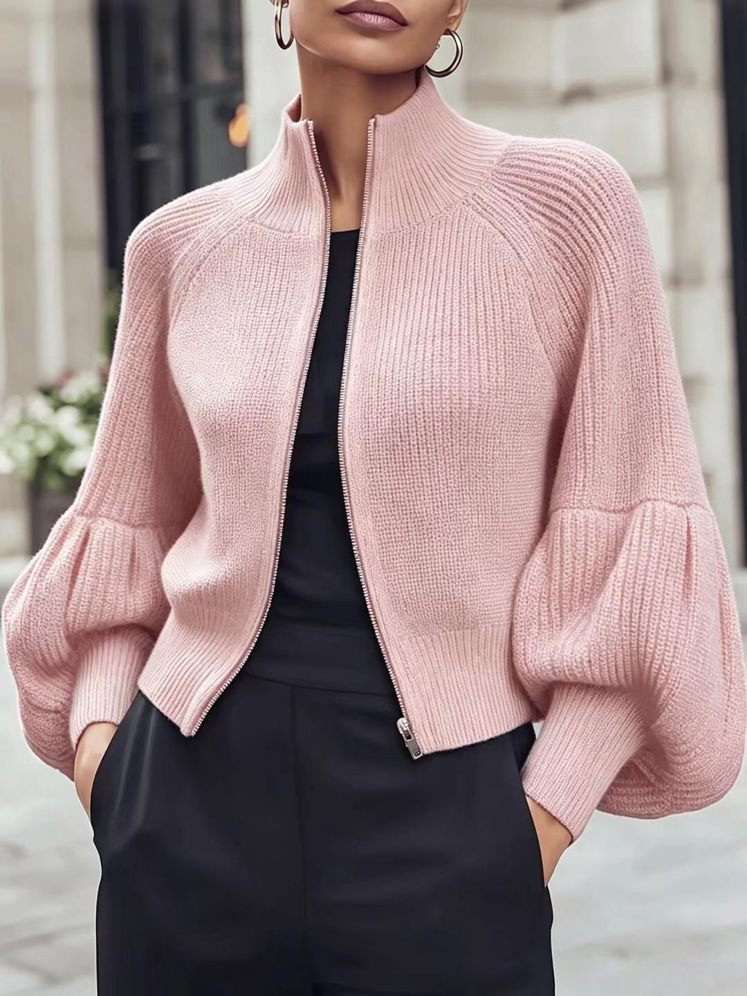 Zip-Up Rib Knit Cardigan with Balloon Sleeves in pink