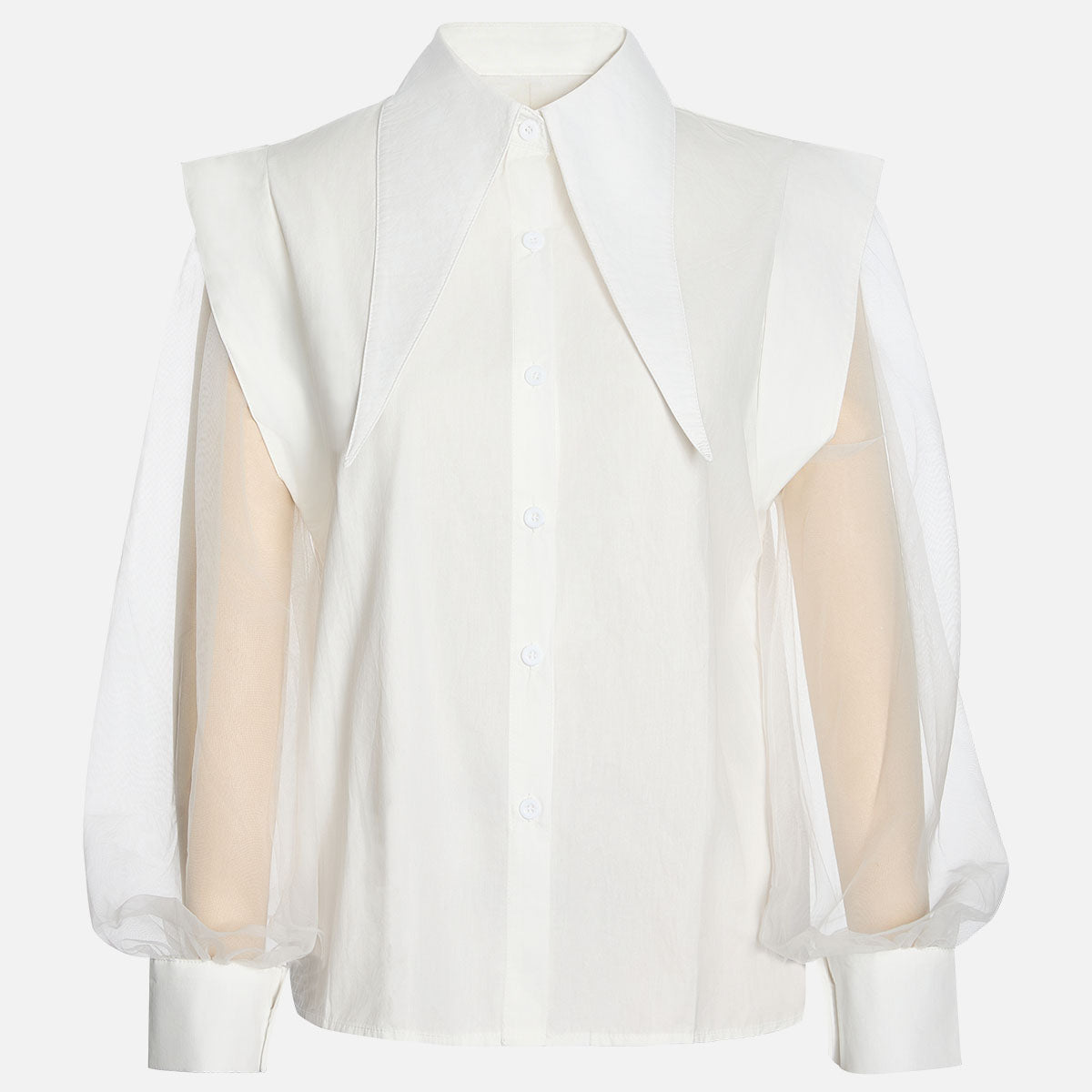 White sheer-sleeve shirt on a mannequin, front view, showing wide collar, shoulder panels and buttoned cuffs