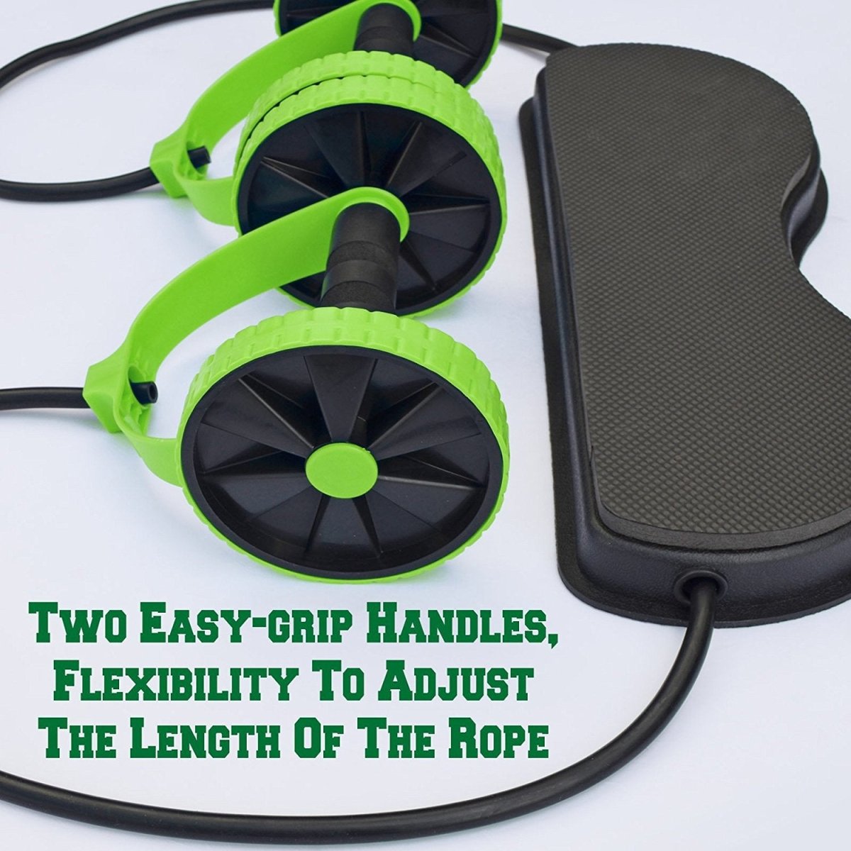 Green ab roller wheel set with handles, black rope and black base plate