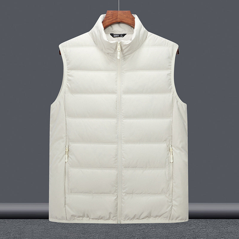 White sleeveless puffer gilet front view, stand collar, full-length zip, two side zipped pockets, on hanger against grey
