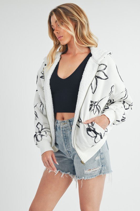 Aemi + Co Flower Print Zip Up Sherpa Hoodie - Wow Store