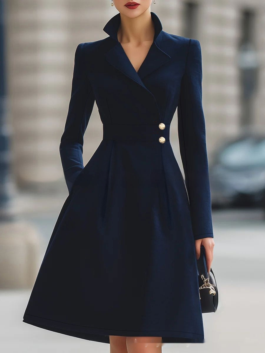 Navy double-breasted coat dress with gold-tone buttons, front view on model, holding black handbag, urban background