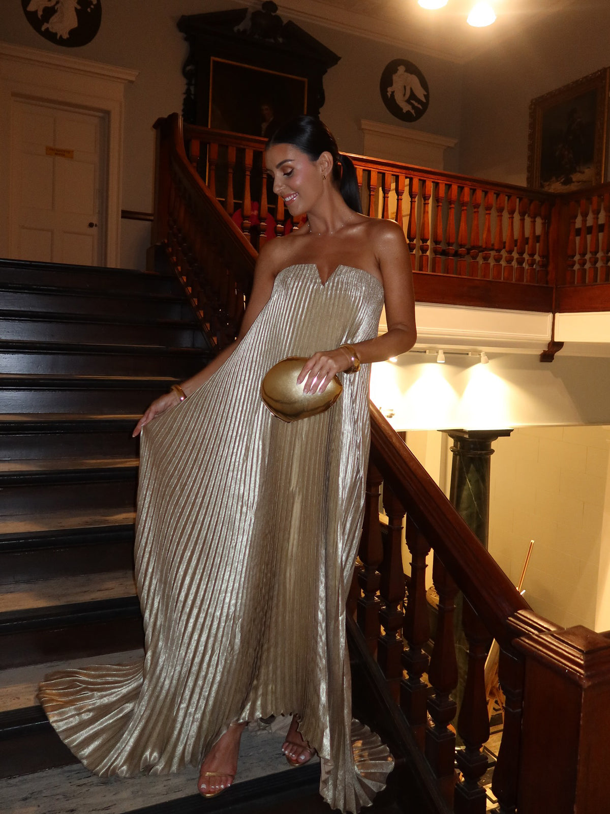 Strapless Pleated Metallic Maxi Dress, Sweetheart Neckline