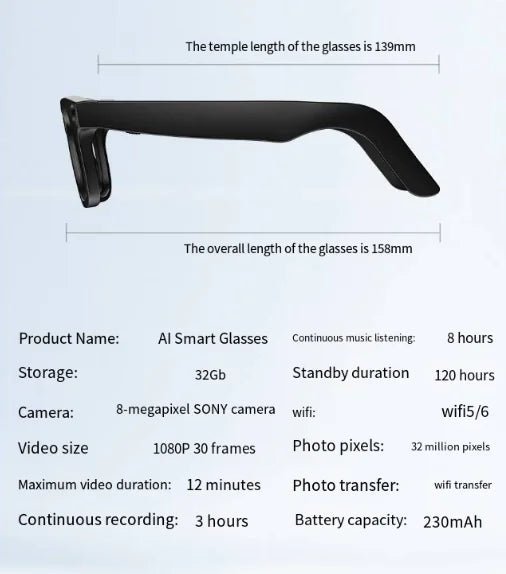 AI Camera Smart Glasses - Wearable Tech Fashion Eyewear, Black | WOW Store - Wow Store