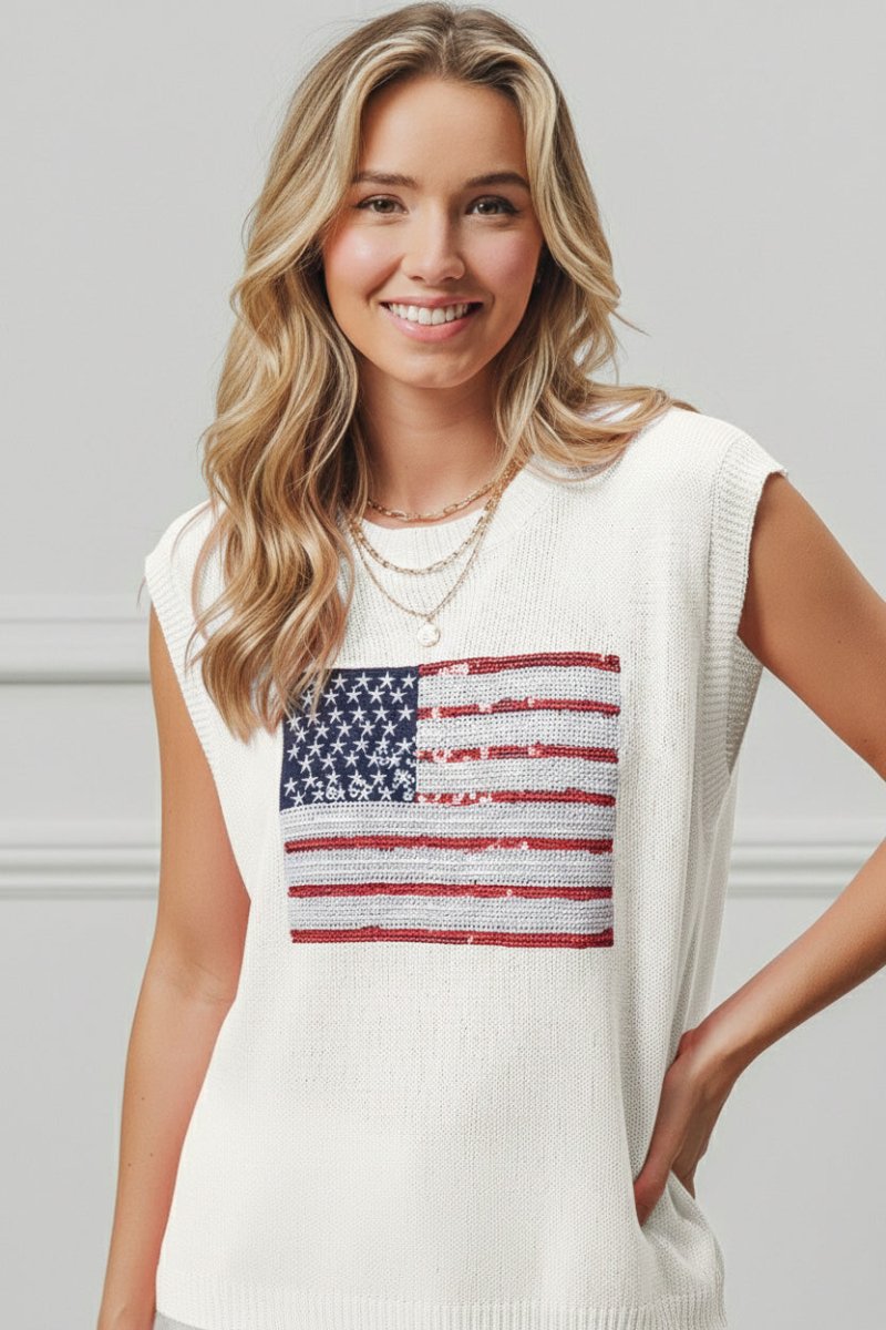 American Flag Sequins Patch Knit Top - Wow Store