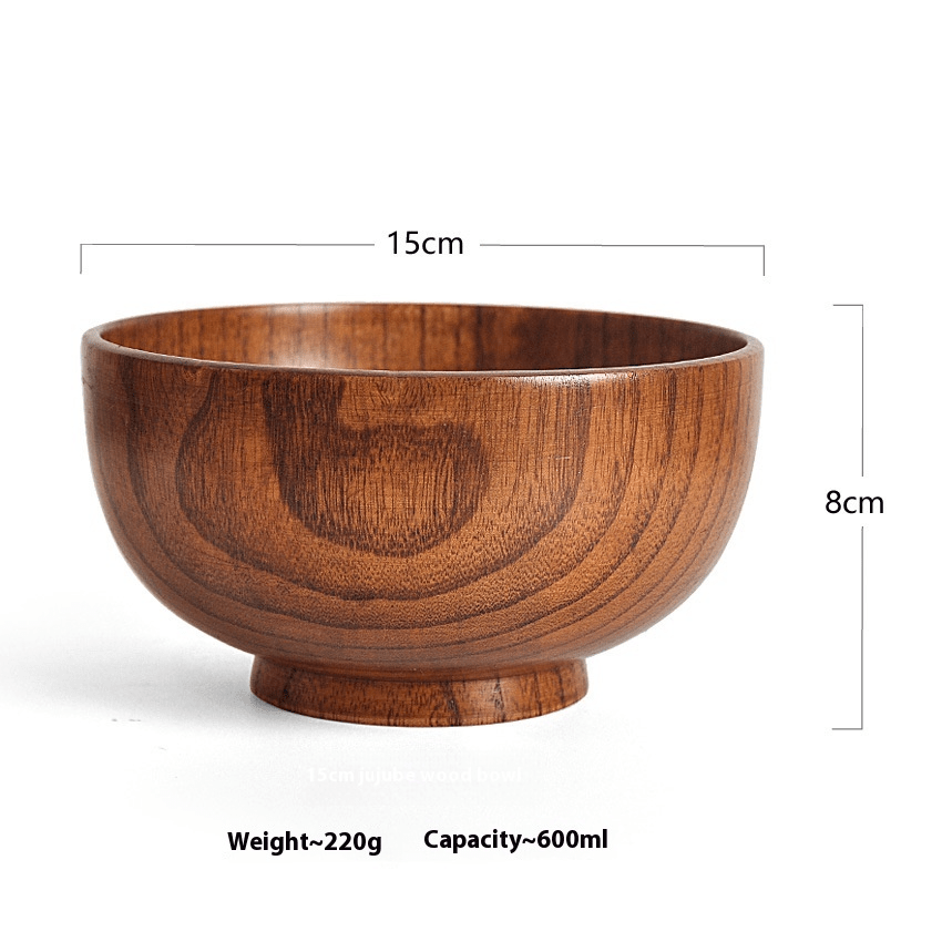 Maatfoto van de houten schaal van 15 cm, 8 cm hoog, ongeveer 220 g en 600 ml