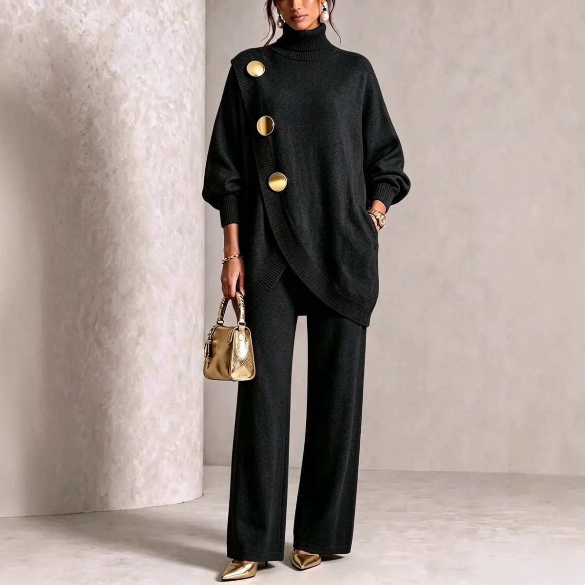 Asymmetric-Hem Sweater and Wide-Leg Trousers Set - WowStore.live